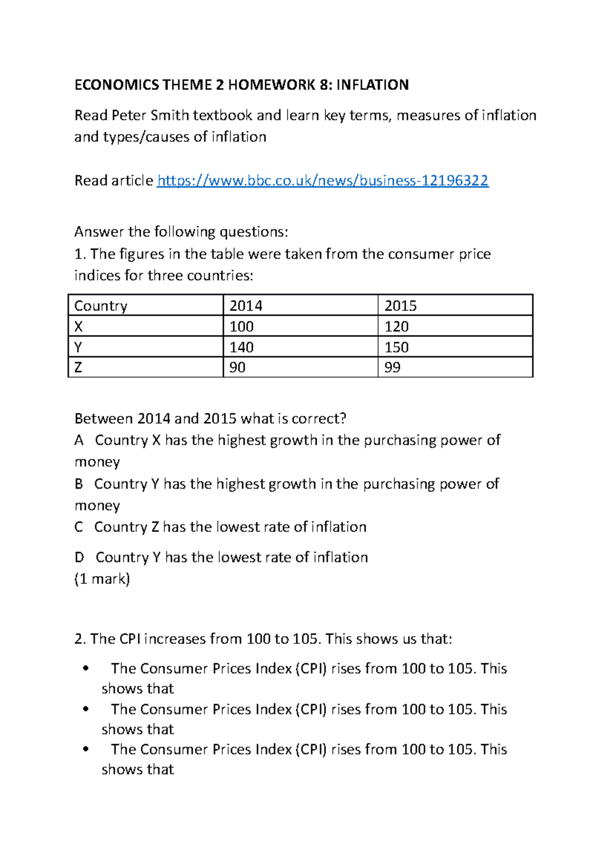 Econ Theme 2 Homework 8 Inflation ECONOMICS THEME 2 HOMEWORK 8