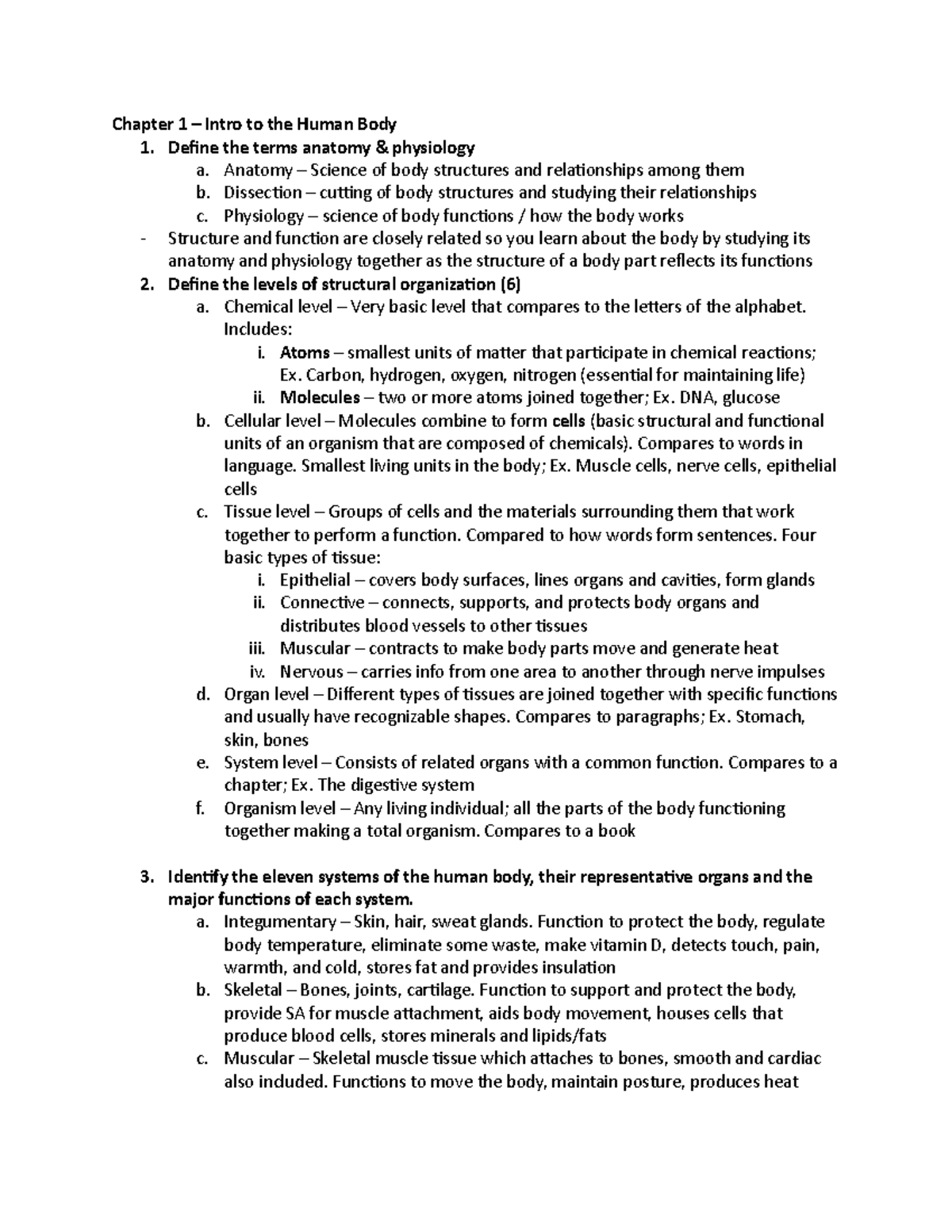 Textbook Chapters 1-10 - Chapter 1 – Intro to the Human Body 1. Define ...