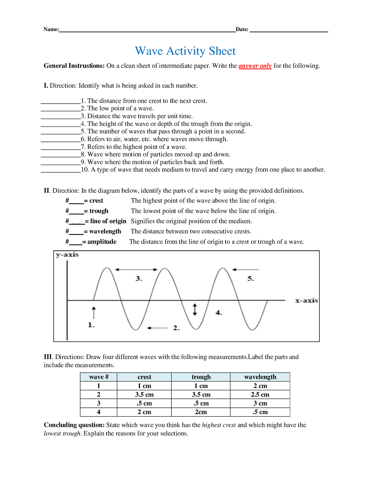 Wave Activity Sheet - eyy - Name: Date: Wave Activity Sheet General ...