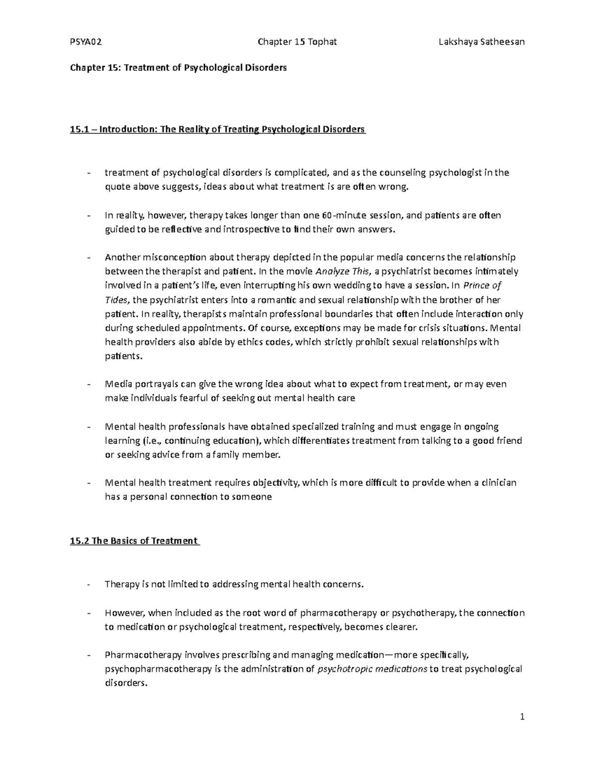 Psych chapter 15 notes - kyle - Chapter 15: Treatment of Psychological ...