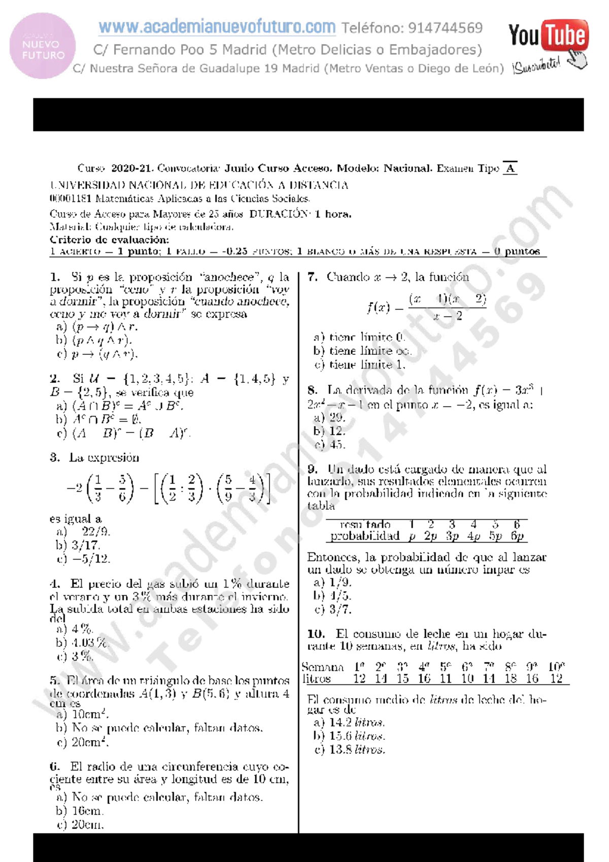 Examen Matematicas CCSS UNED Mayores 25 Junio 2021 Modelo A Enunciado ...