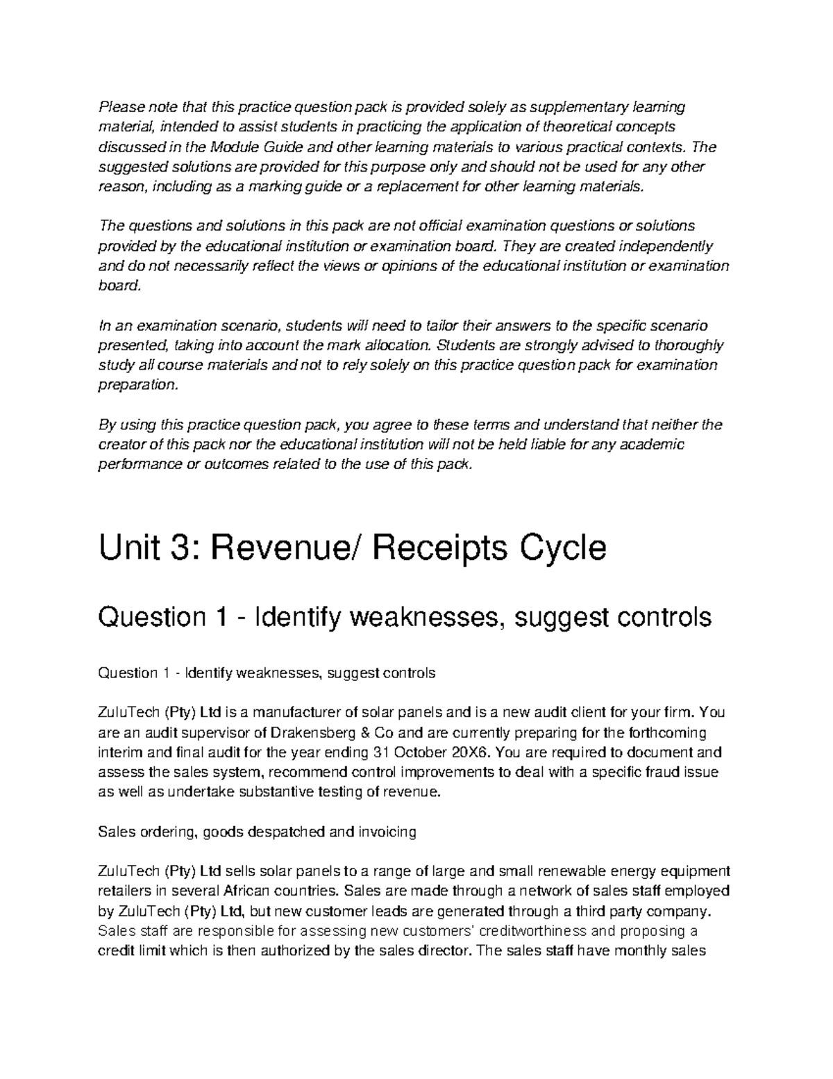 Auditing 3A Week 3 Revenue Receipt Cycle Practice Questions with ...