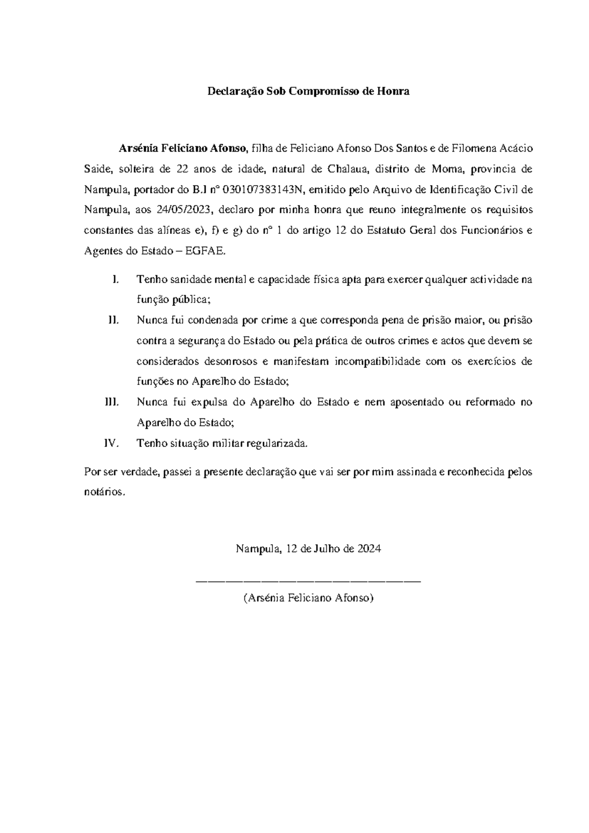 Declaração Sob Compromisso de Honra - Arsenia - Declaração Sob ...