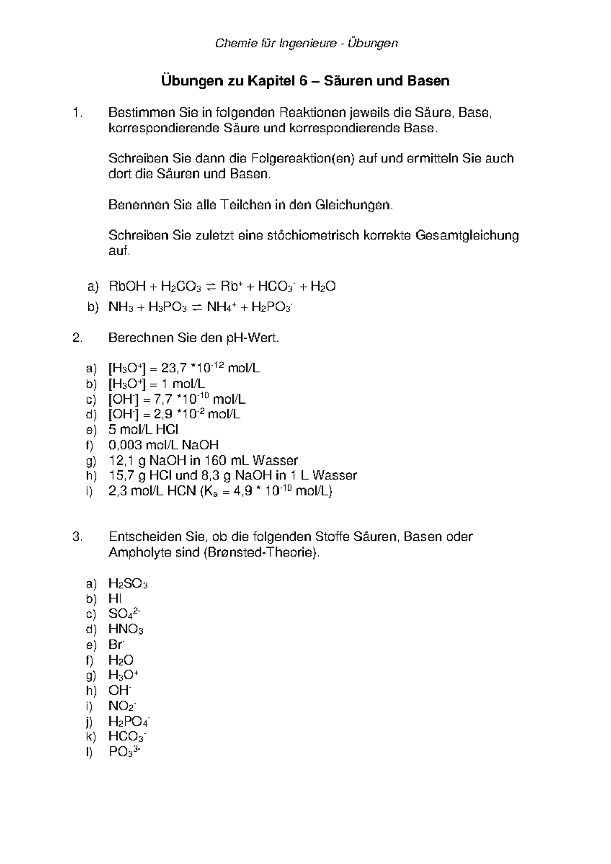Chemie Salze übungen Mit Lösungen Pdf Übung 6 - Chemie für Ingenieure - Übungen Übungen zu Kapitel 6 – Säuren