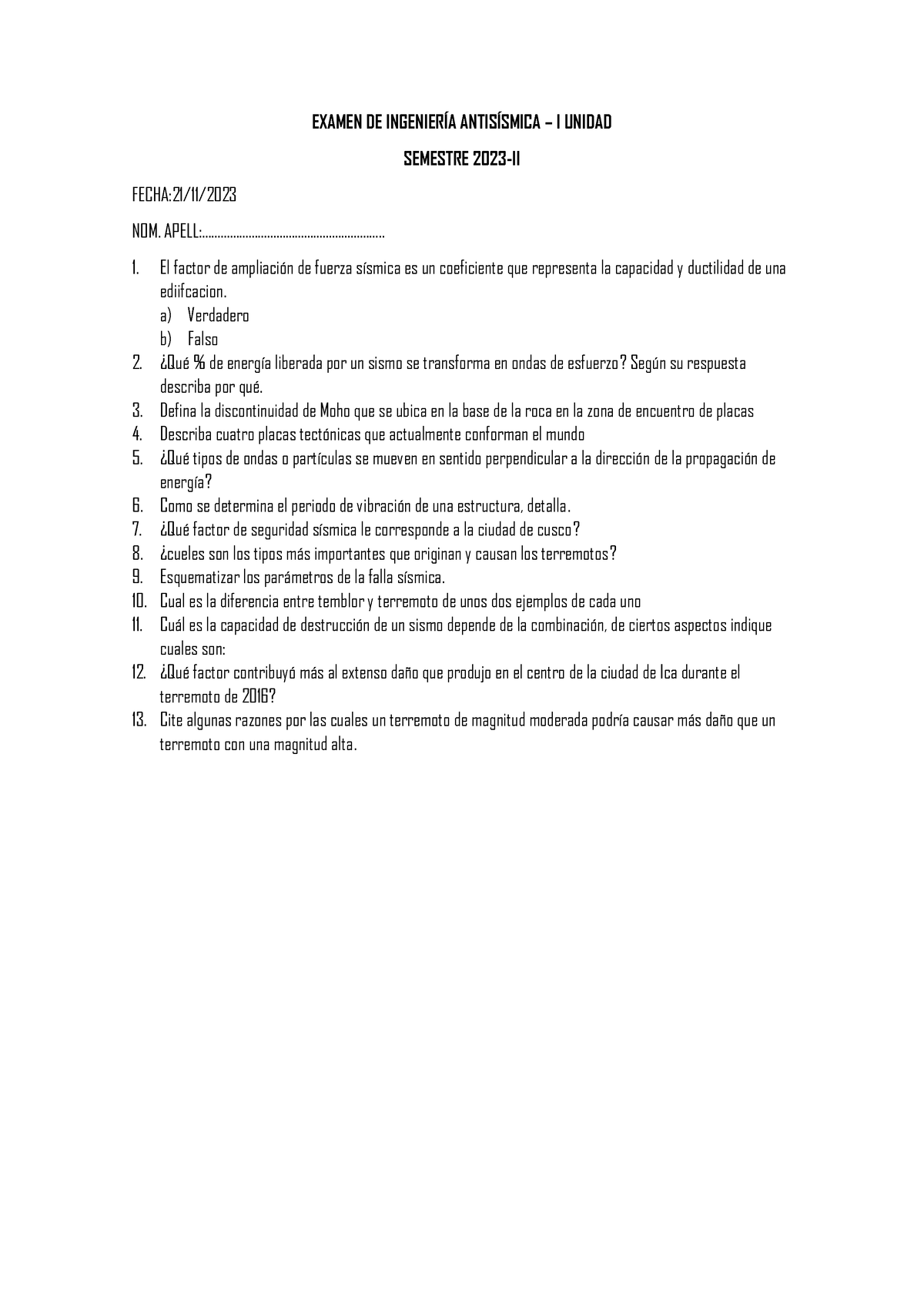 Examen DE ING.ANTI - I Unidad B - EXAMEN DE INGENIERÍA ANTISÍSMICA – I ...