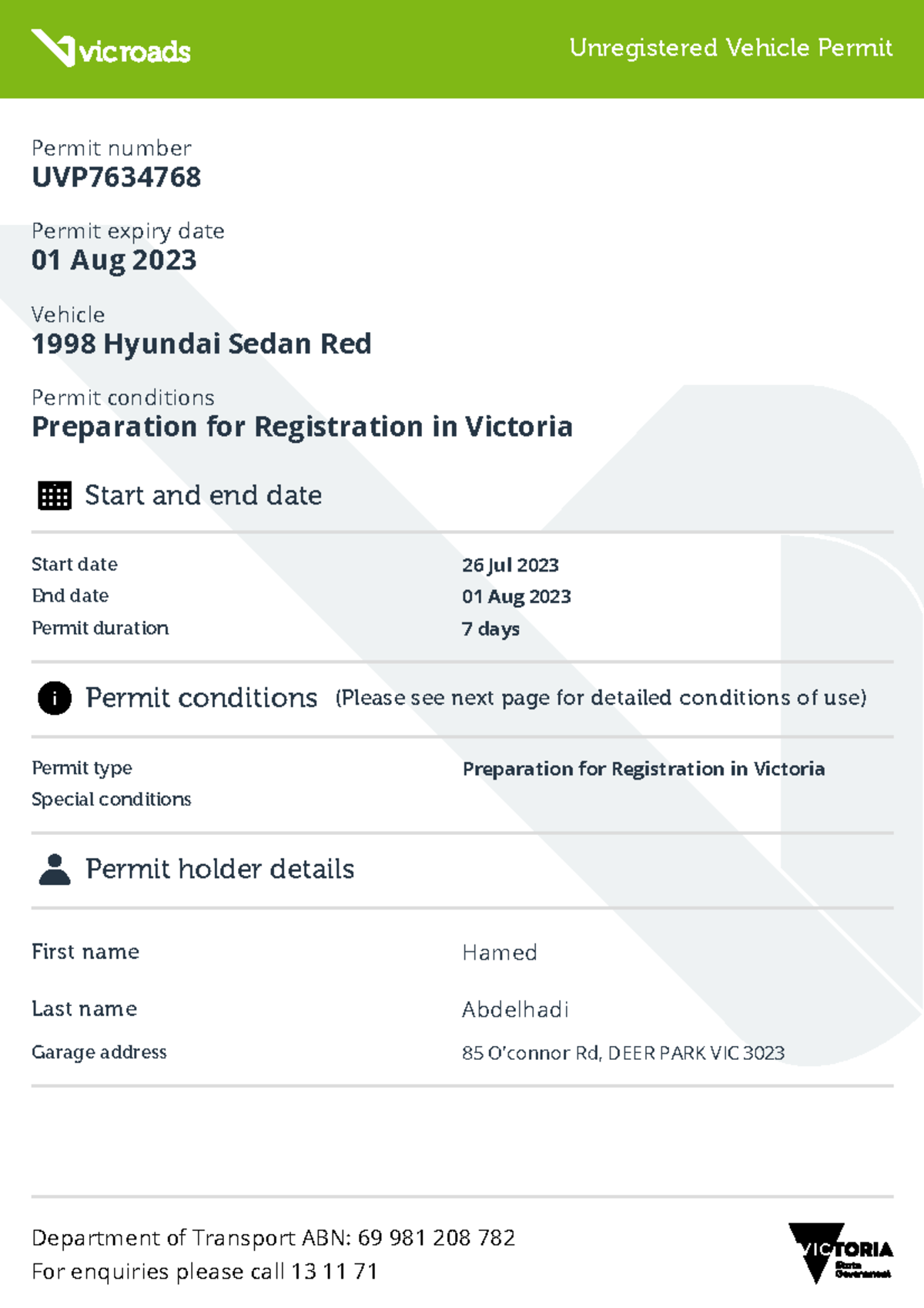 Unregistered Vehicle Permit 20230726 0116 Unregistered Vehicle Permit Permit number UVP Permit