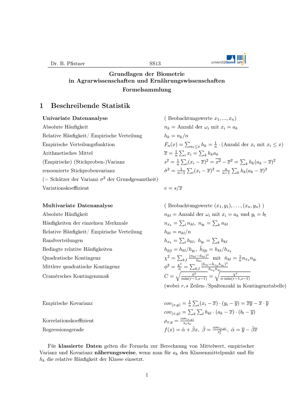 Formelsammlung Biometrie Bonn137 Dr Pfistner Ss Grundlagen Der Biometrie In Studocu