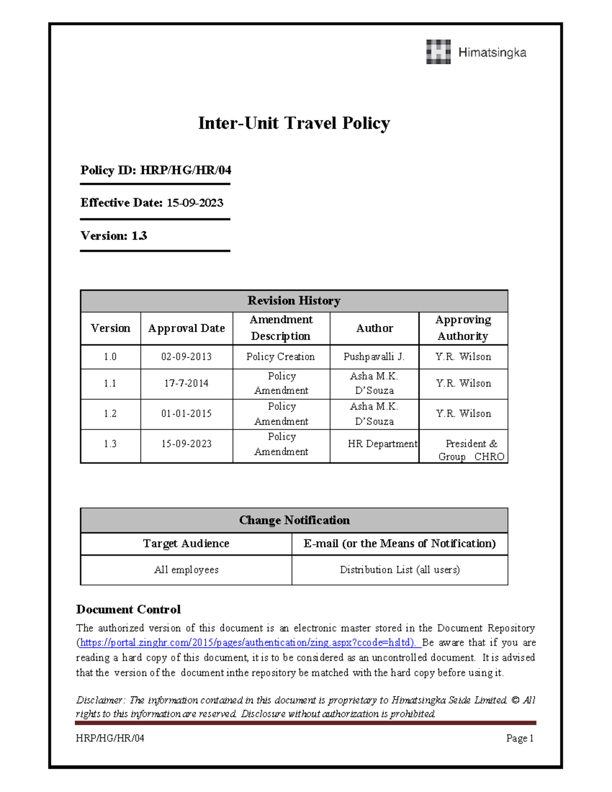 InterUnit Travel Policy V1 HRP/HG/HR/04 Page 1 InterUnit Travel