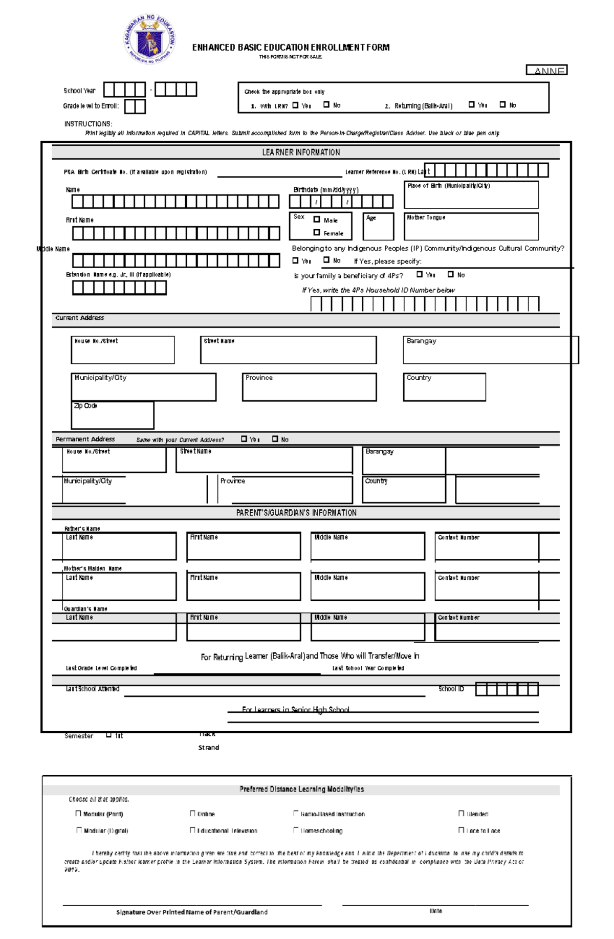 Annex-1 Enhanced-BEEF - ANNE School Year - Grade level to Enroll ...