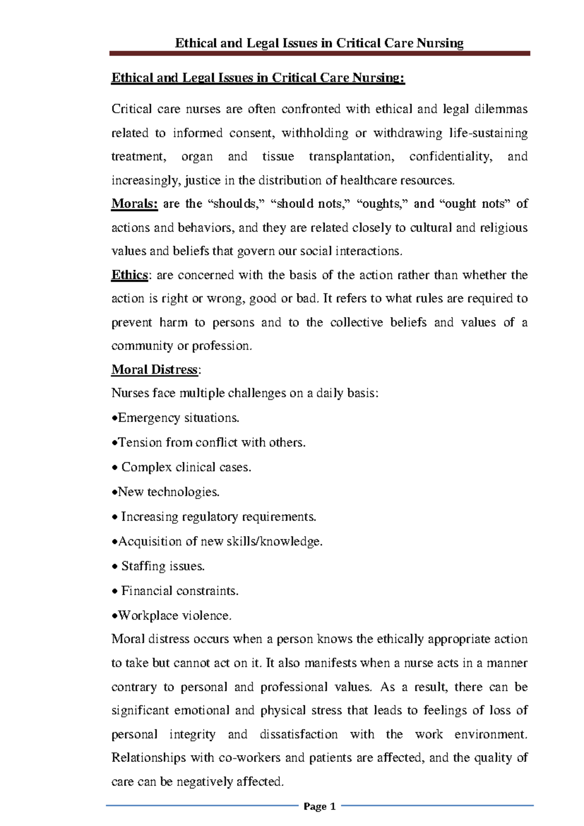 Ethical and Legal Issues in Critical Care Nursing - Morals: are the ...