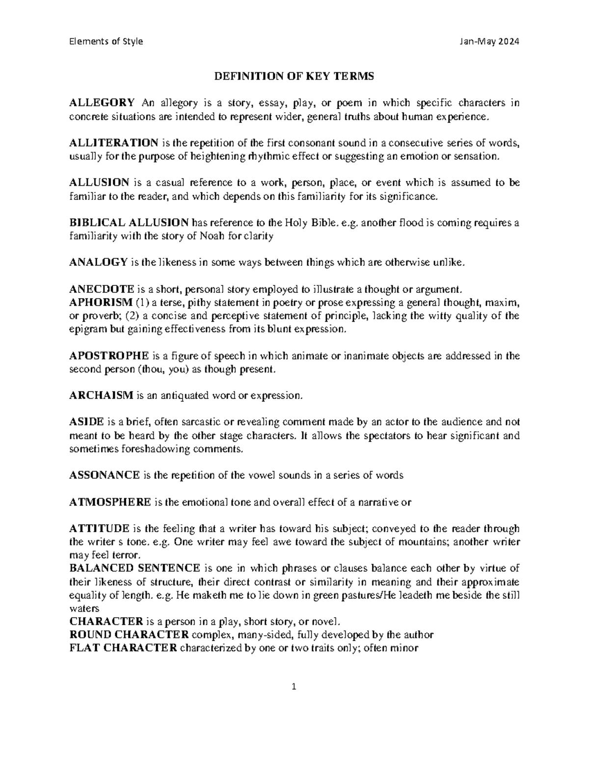 LITT 122 Elements Definition of Terms DEFINITION OF KEY TERMS