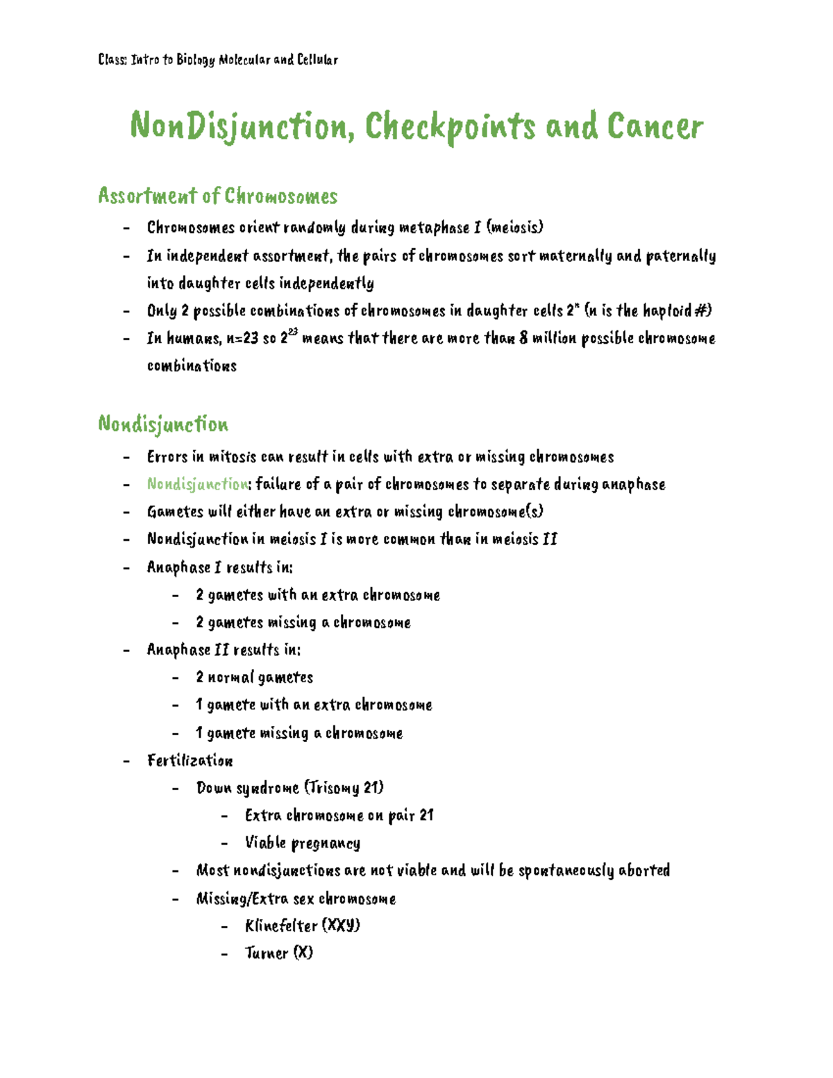Non Disjunction, Checkpoints and Cancer - Google Docs - Cla󰈻󰈼: In󰉃󰈹o to ...