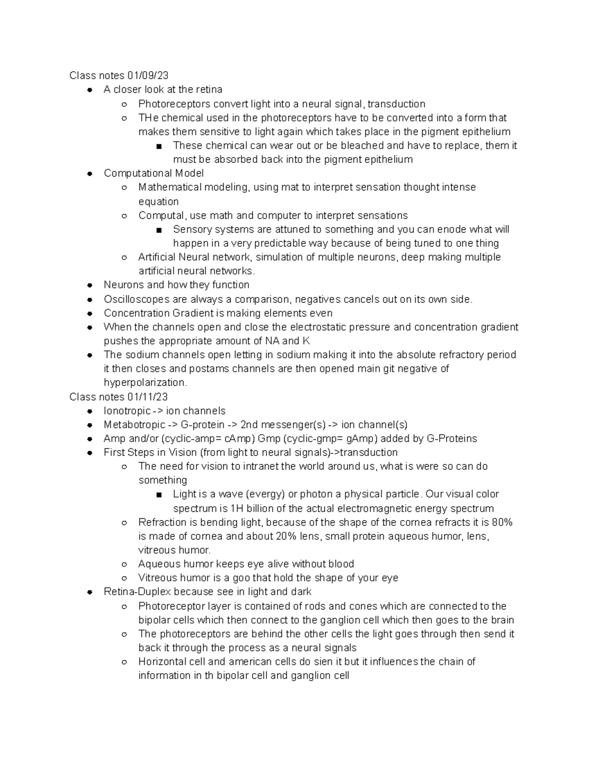 Class notes 01/09-11/23 - Class notes 01/09/ A closer look at the ...