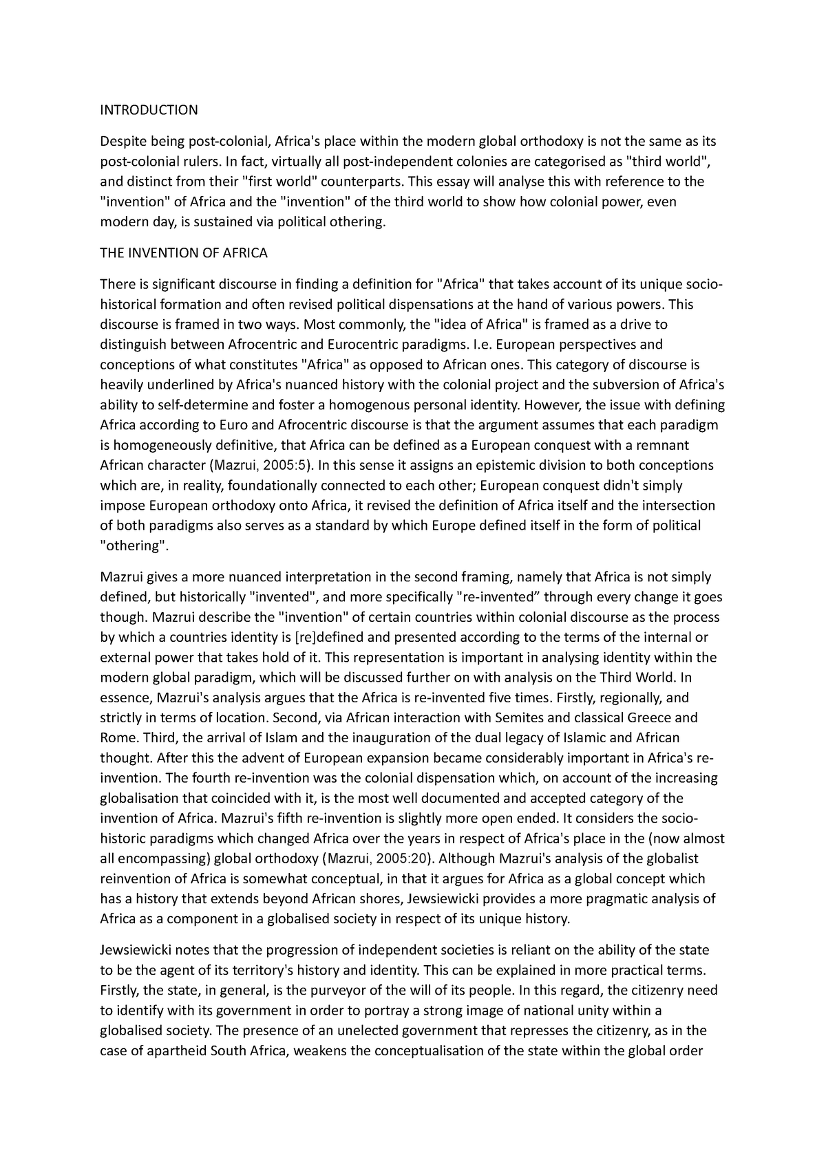 POL3029F Essay The Invention of Africa - POL3029F - UCT - Studocu