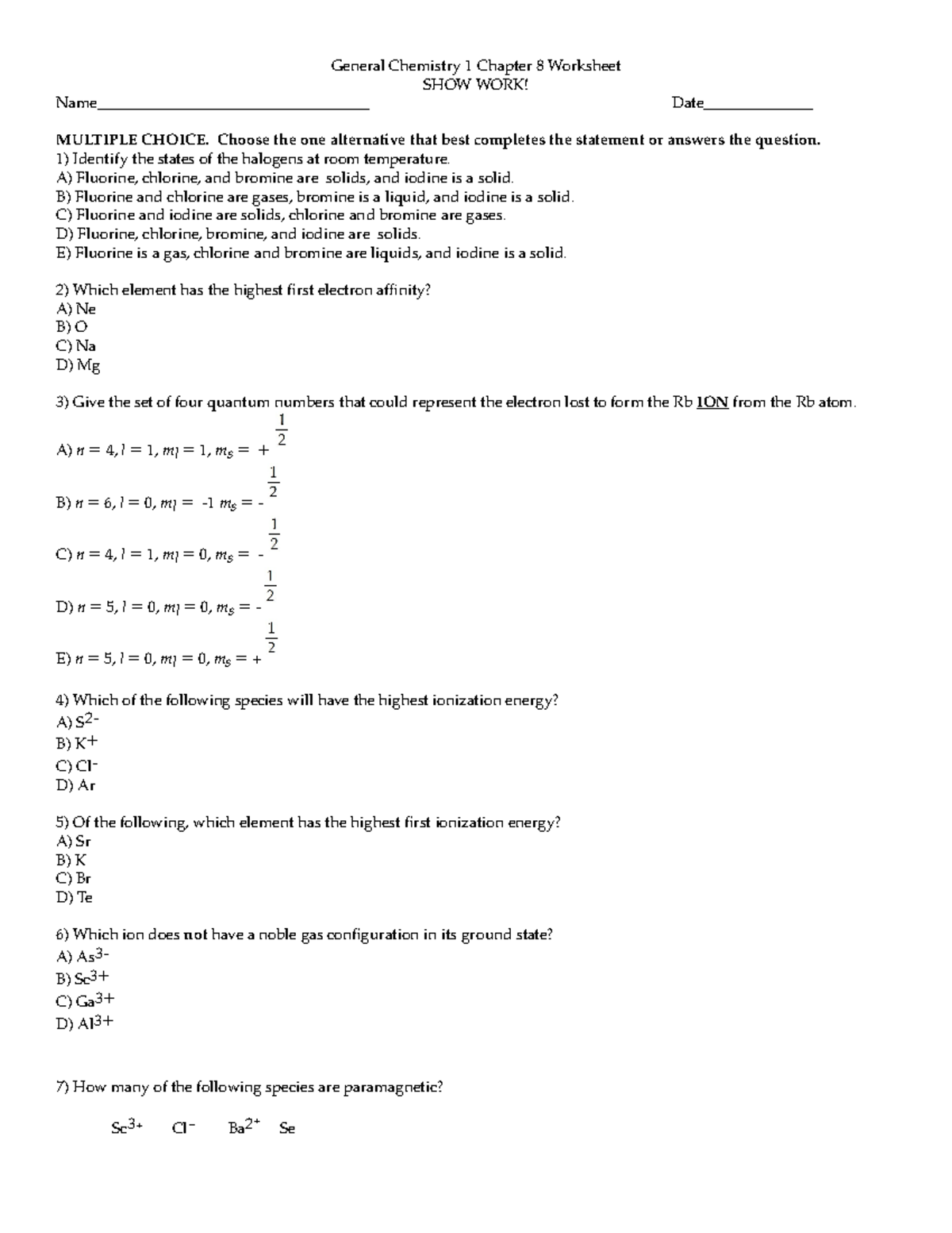 GEN CHEM 1 CH 8 Worksheet KEY - General Chemistry 1 Chapter 8 Worksheet ...