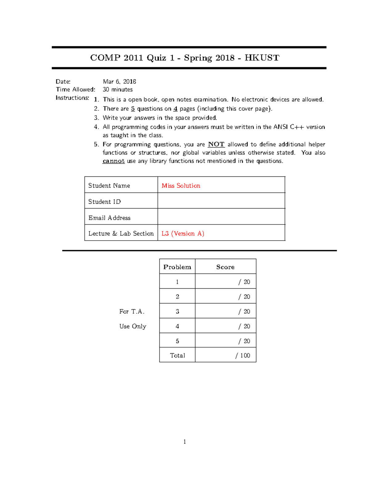 Sample/practice Exam 6 March 2018, Questions And Answers - COMP 2011 ...