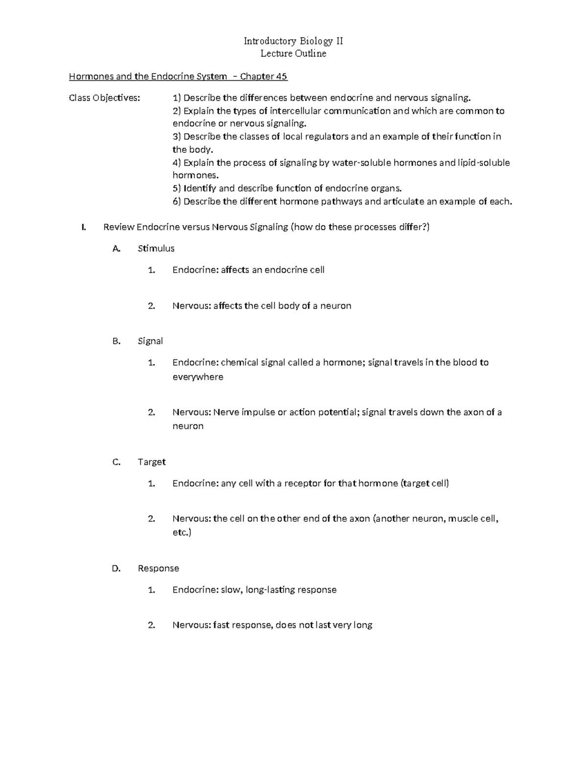 Chpt 45 Hormones And Endocrine System - Lecture Outline Hormones And 