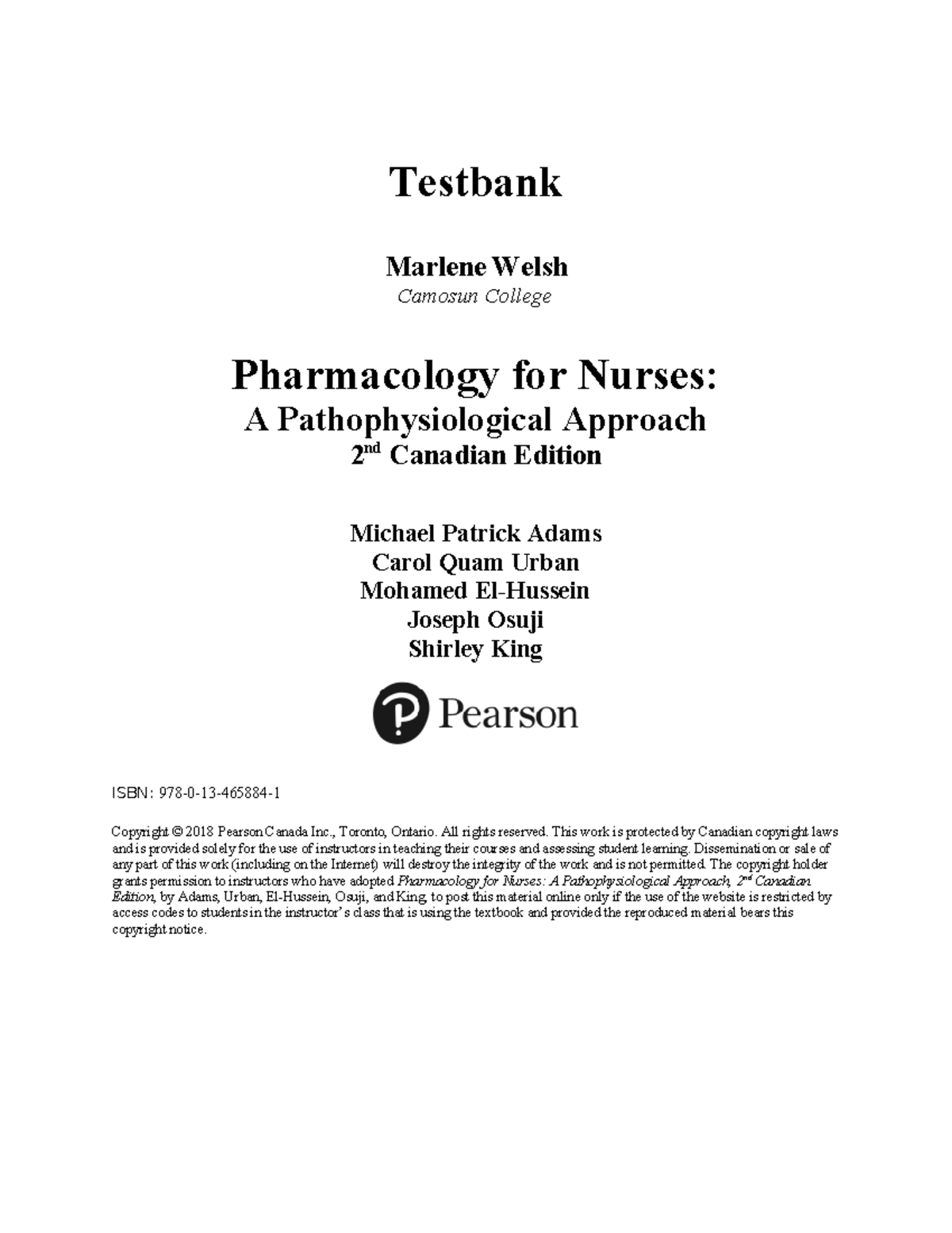 00 adam pharm 2c tb fm - test - Testbank Marlene Welsh Camosun College ...