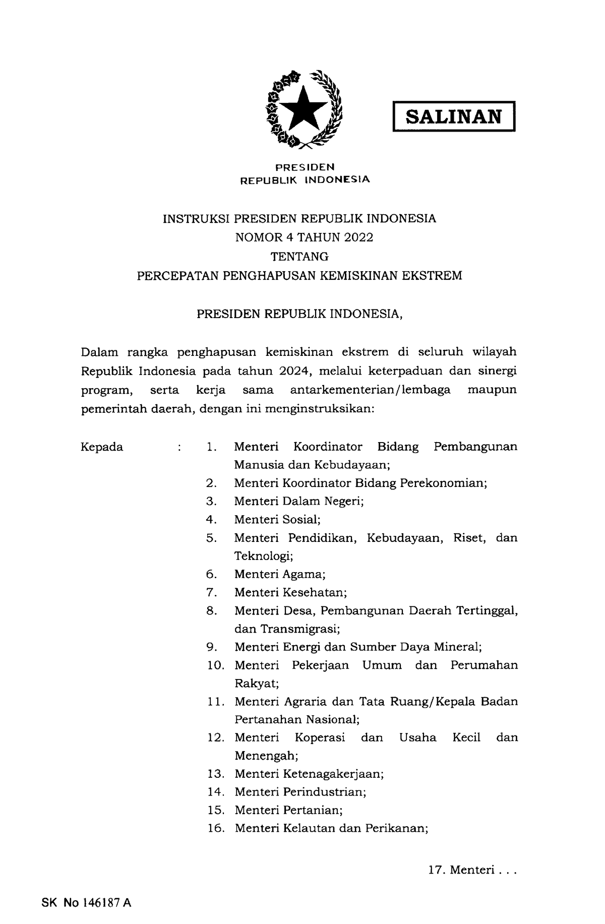 Inpres Nomor 4 Tahun 2022 - REPUBLTK INDONESIA INSTRUKSI PRESIDEN ...