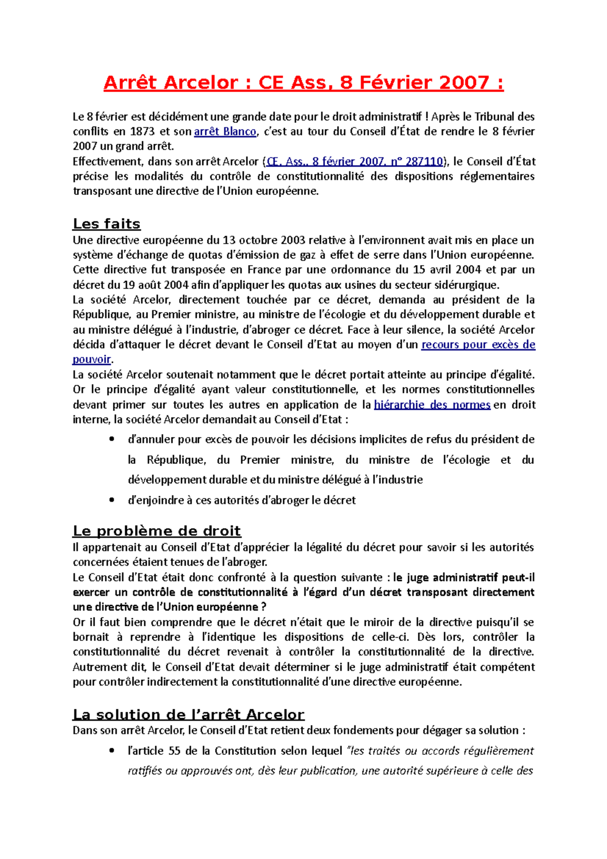 Arrêt Arcelor - Jurisprudence Droit Administratif 1 - Arrêt Arcelor ...