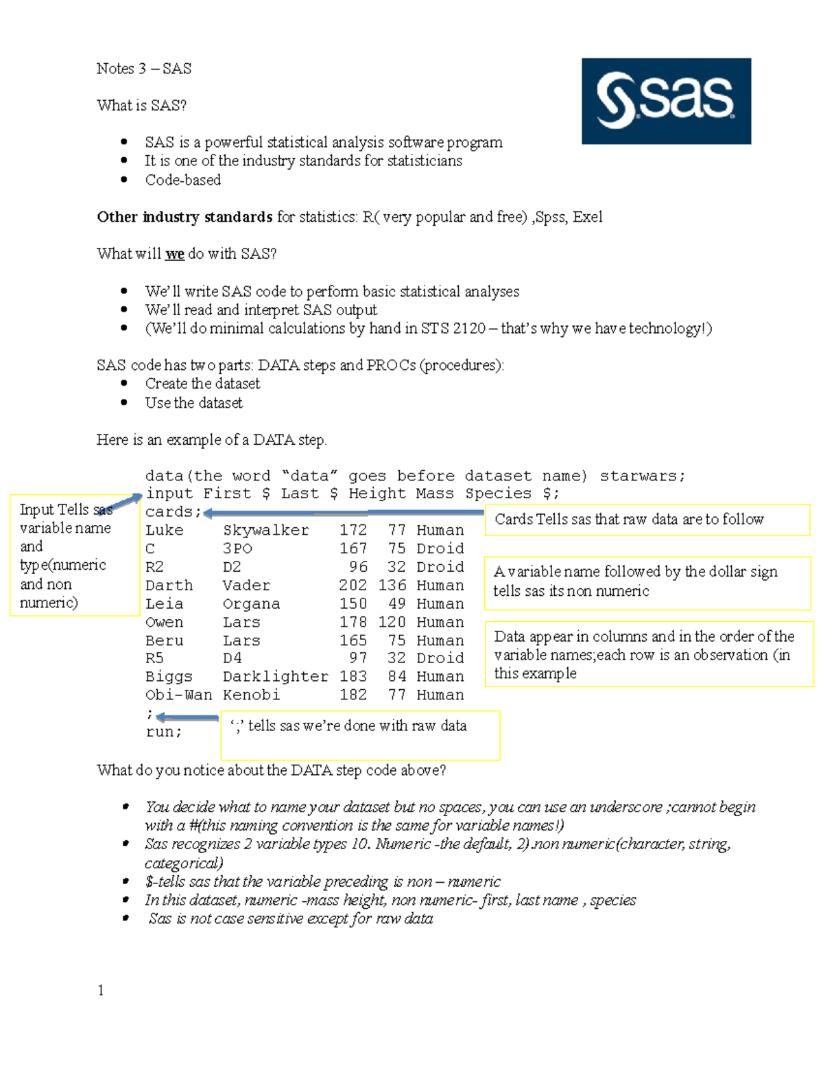Notes 3 SAS what is SAS and basic SAS functions Notes 3 SAS What