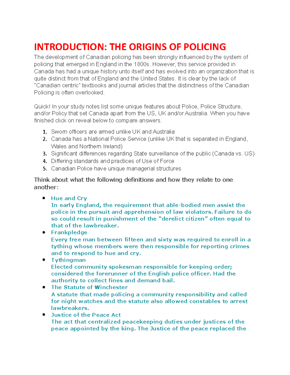 Intro To Policing Lesson 1 - INTRODUCTION: THE ORIGINS OF POLICING The ...