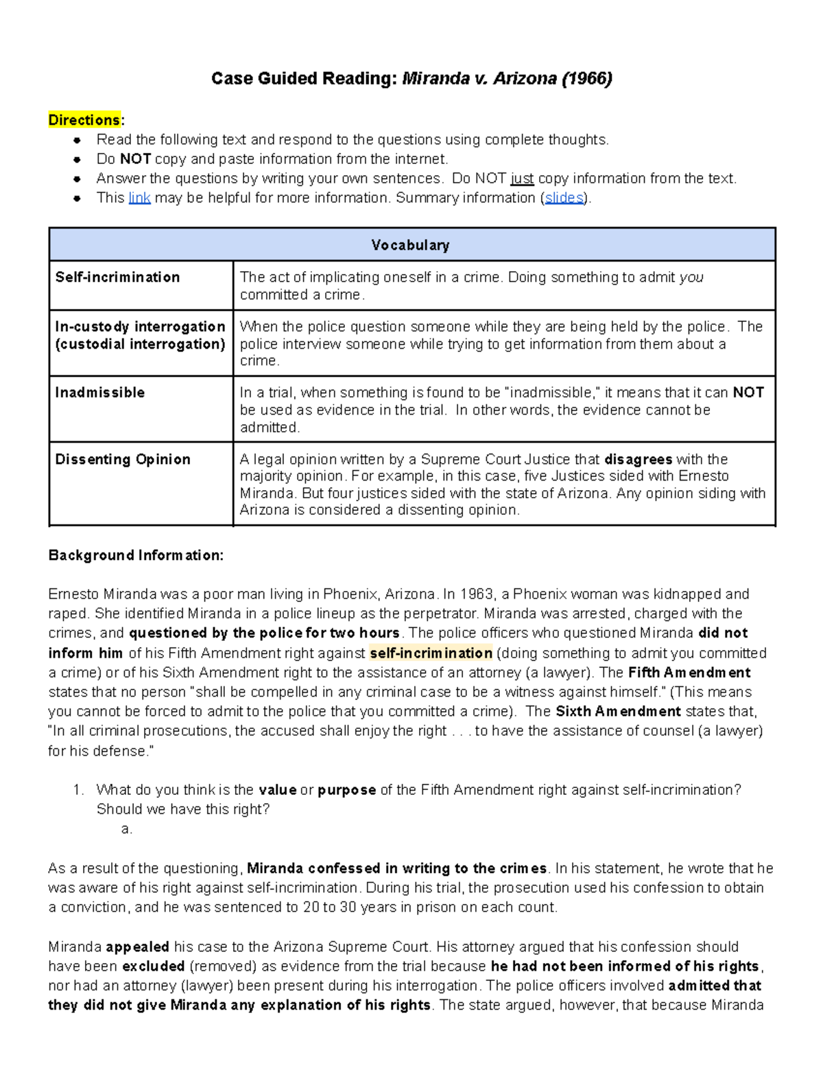 Case Guided Reading Miranda v. Arizona 1966 Case Guided Reading Miranda v. Arizona 1966 Studocu