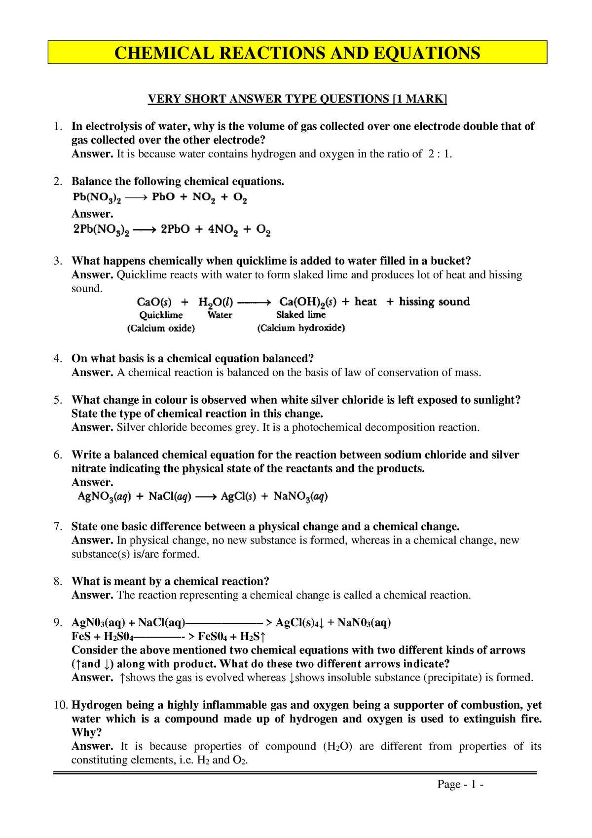 chemical reaction assignment