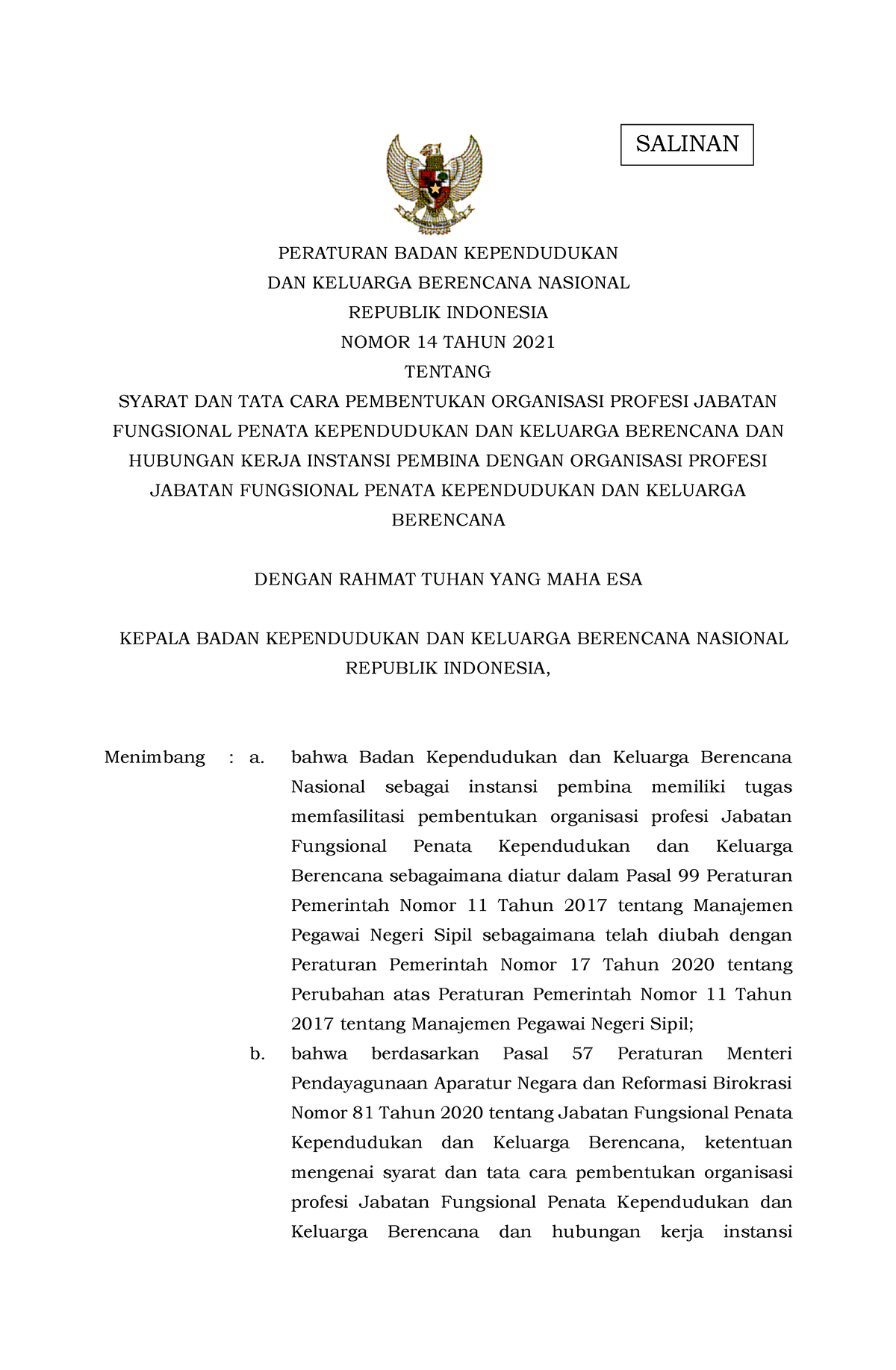 2021-Peraturan Bkkbn Nomor 14 Tahun 2021-Organisasi Profesi - PERATURAN ...