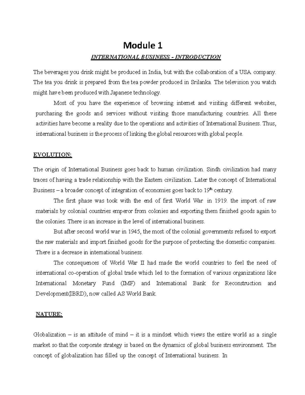 Module 1 - Its lecture notes - Module 1 INTERNATIONAL BUSINESS ...