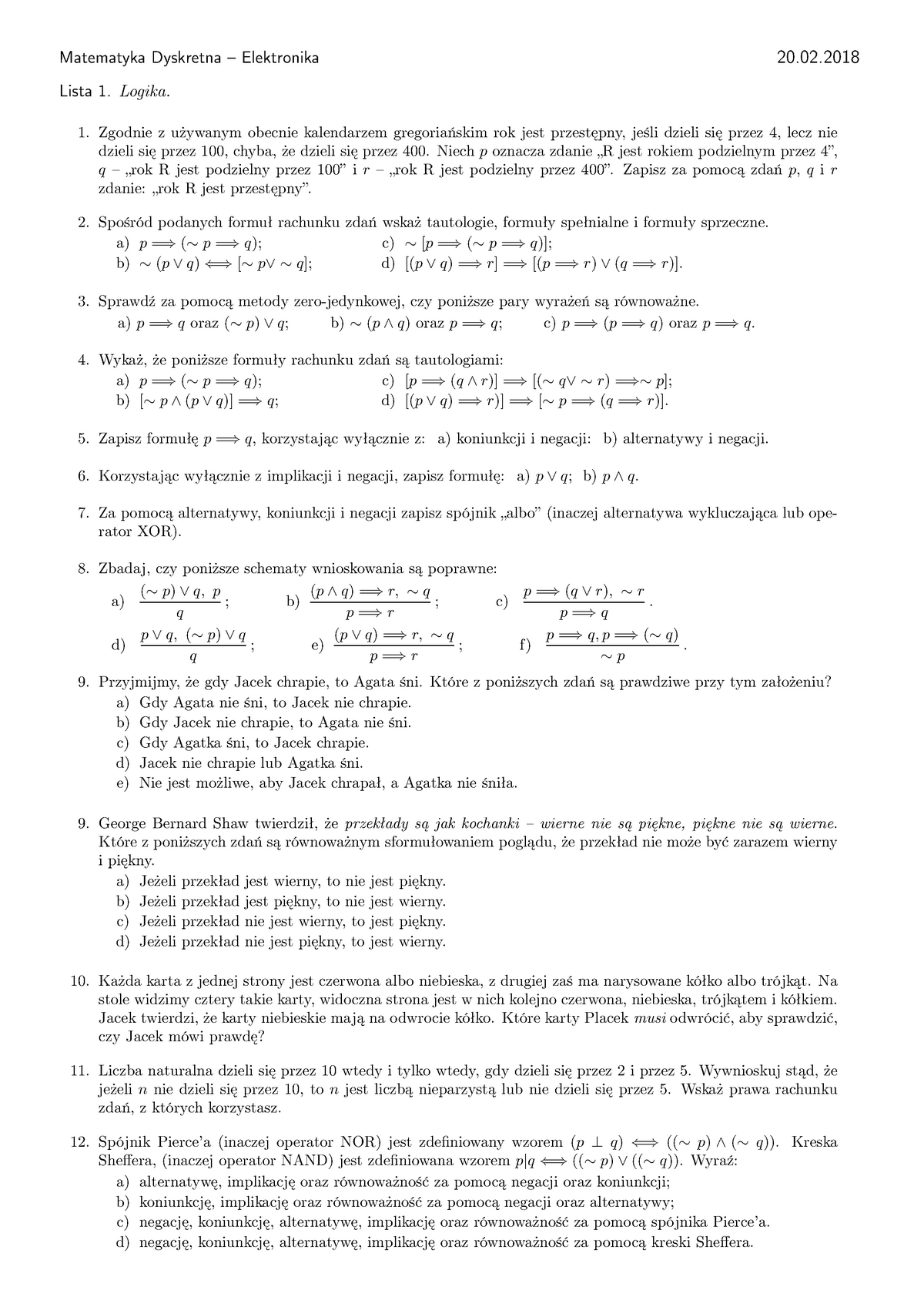 Lista 01 - Logika - Zadania - Matematyka Dyskretna – Elektronika 20 ...