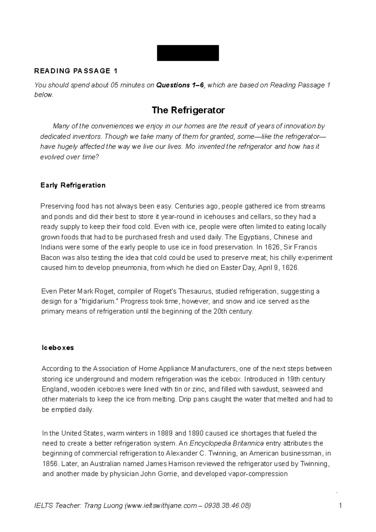 01 Summary The Refrigerator READING PASSAGE 1 You should spend about 05 minutes on Questions