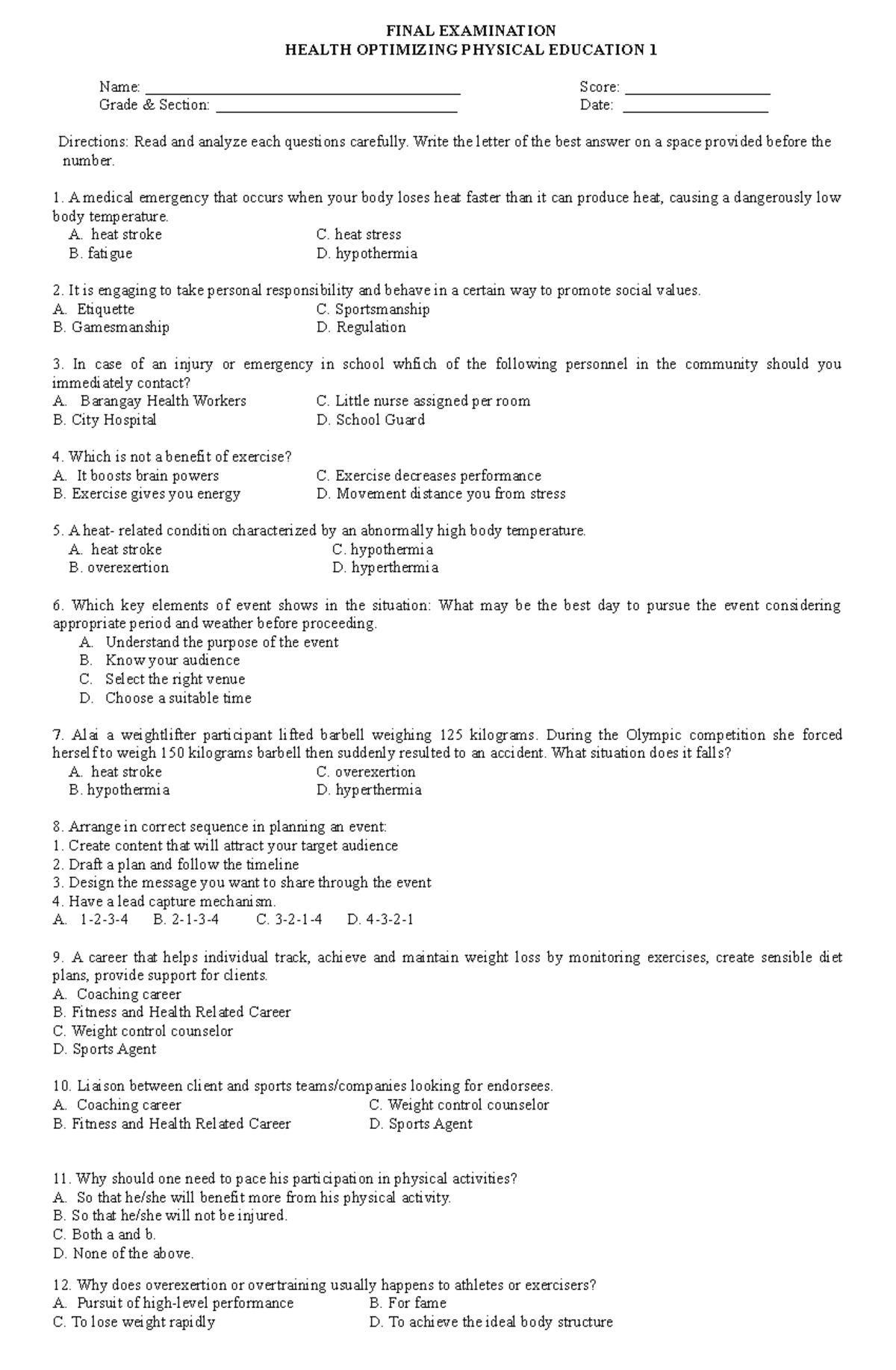 Final Exam Test Questions - FINAL EXAMINATION HEALTH OPTIMIZING ...