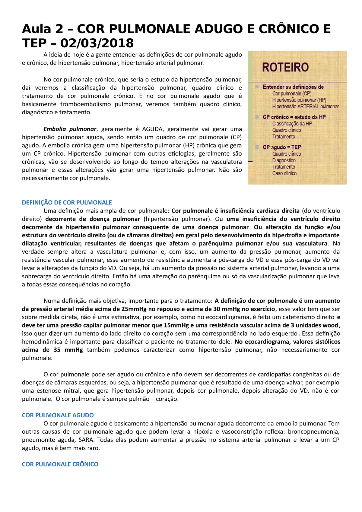 Aula Cor pulmonale agudo e crônico Aula COR PULMONALE ADUGO E CRÔNICO E TEP