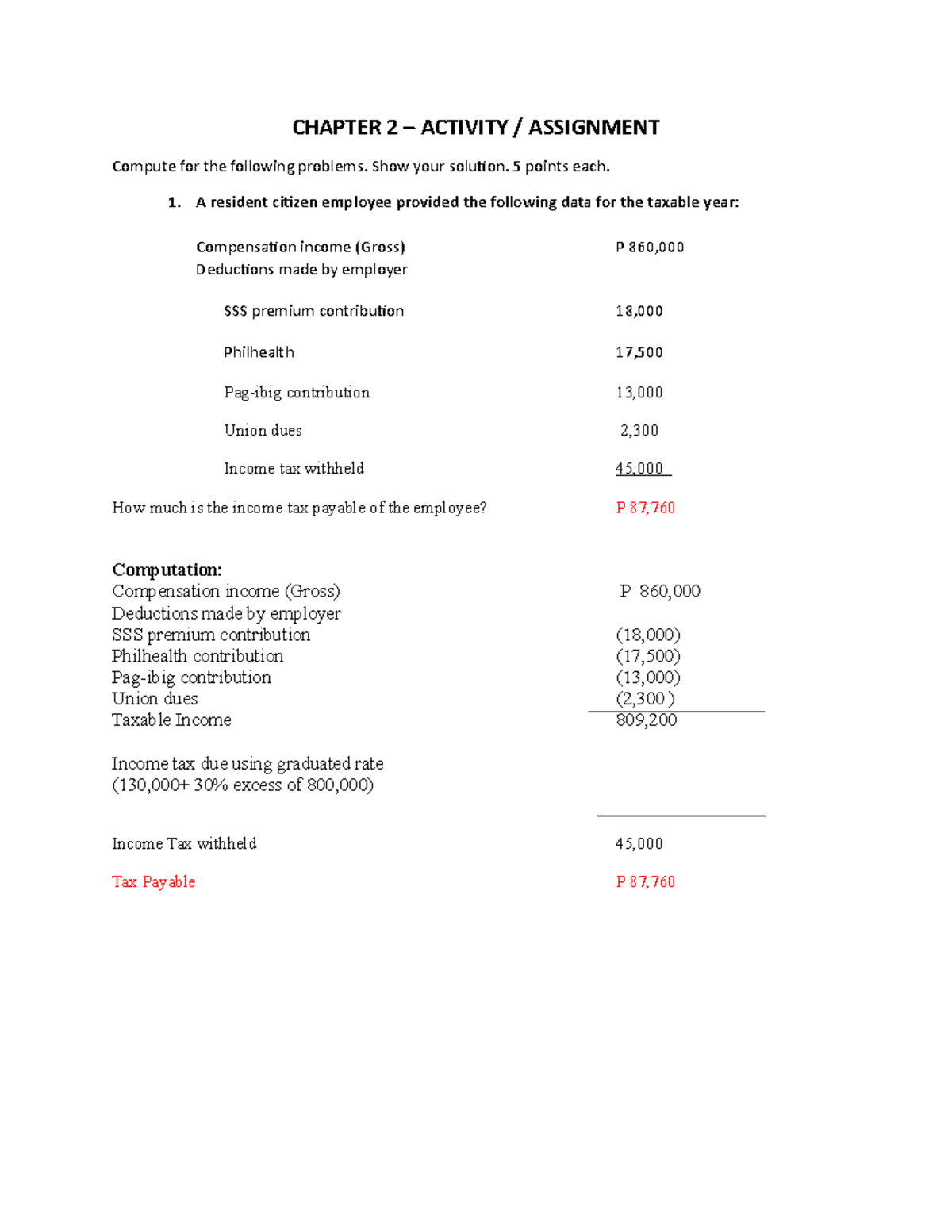 Taxation Chapter 2 Income Taxation - CHAPTER 2 – ACTIVITY / ASSIGNMENT ...