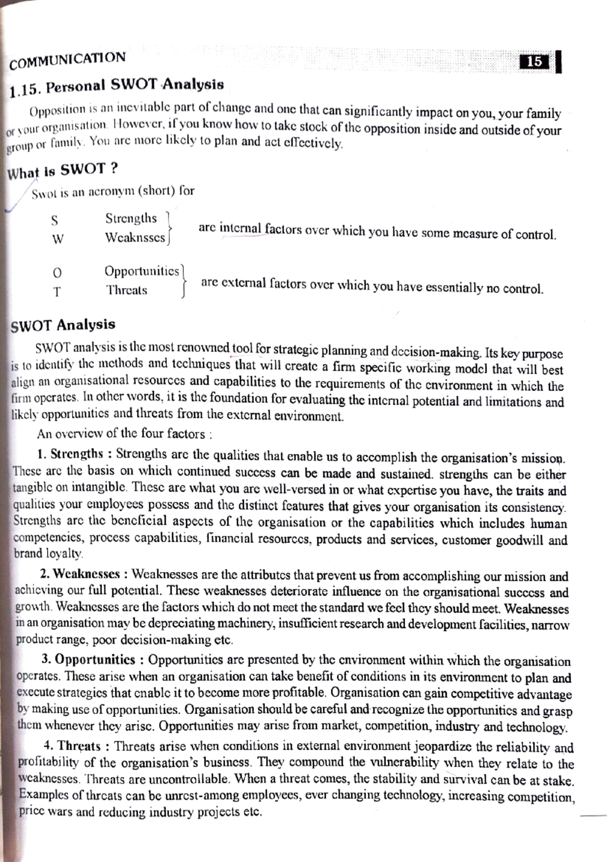 SWOT analysis# - English Communication notes . - cOMMUNICATION 15 ...
