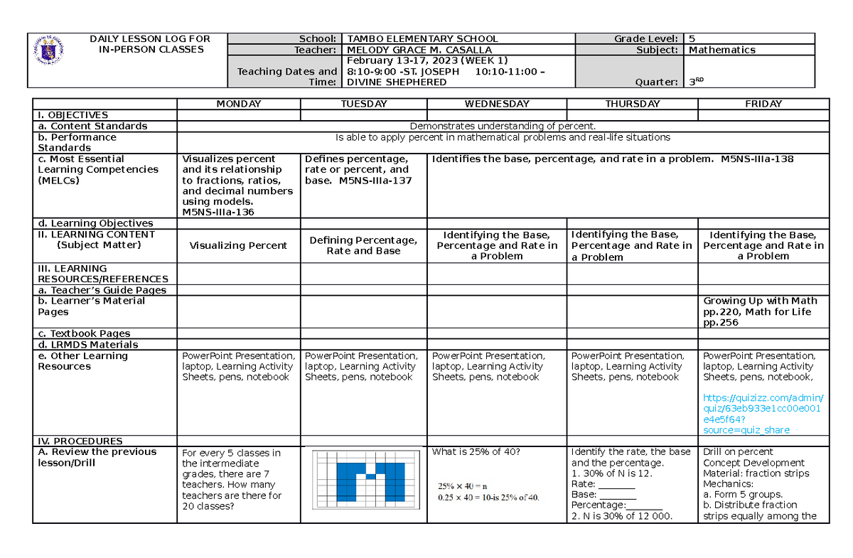 DLL Mathematics 5 Q3 W1 mine - DAILY LESSON LOG FOR IN-PERSON CLASSES ...