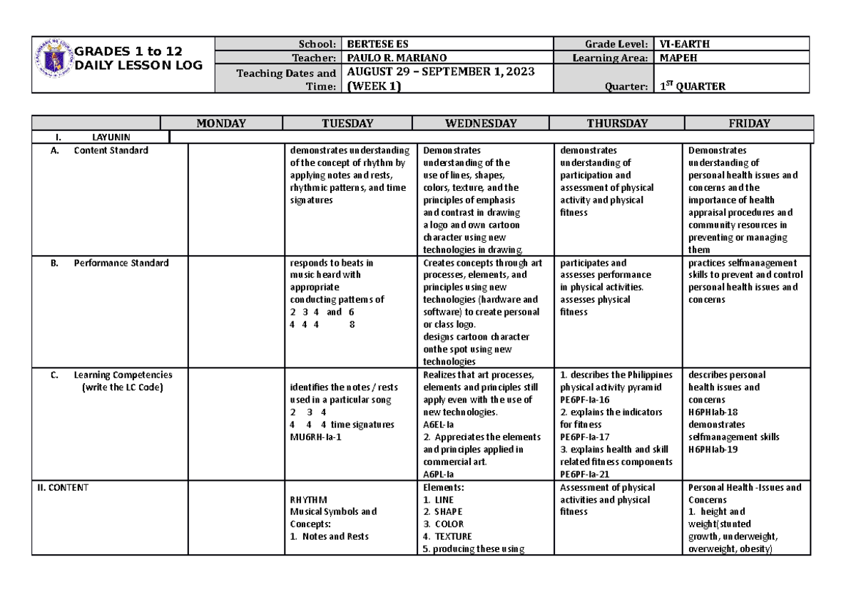 DLL Mapeh 6 Q1 W1 - dll - GRADES 1 to 12 DAILY LESSON LOG School ...