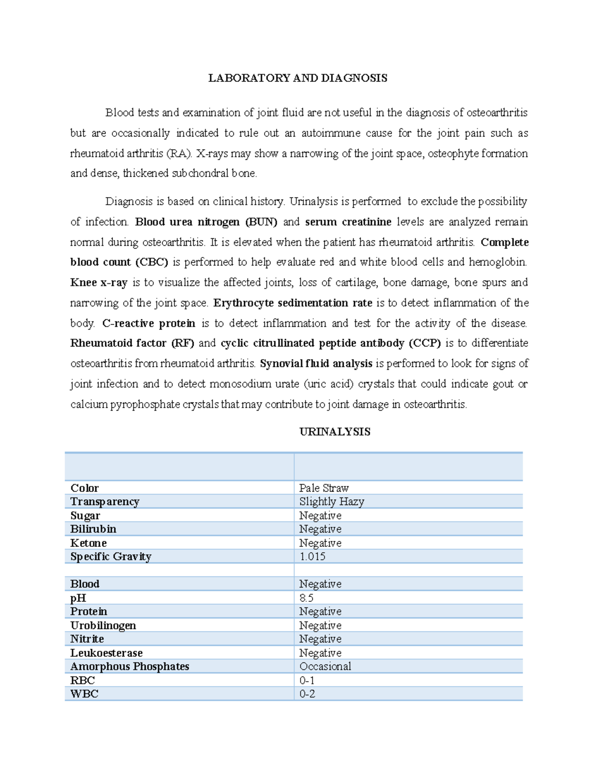 Final Labs Osteoarthritis Laboratory And Diagnosis Blood Tests And