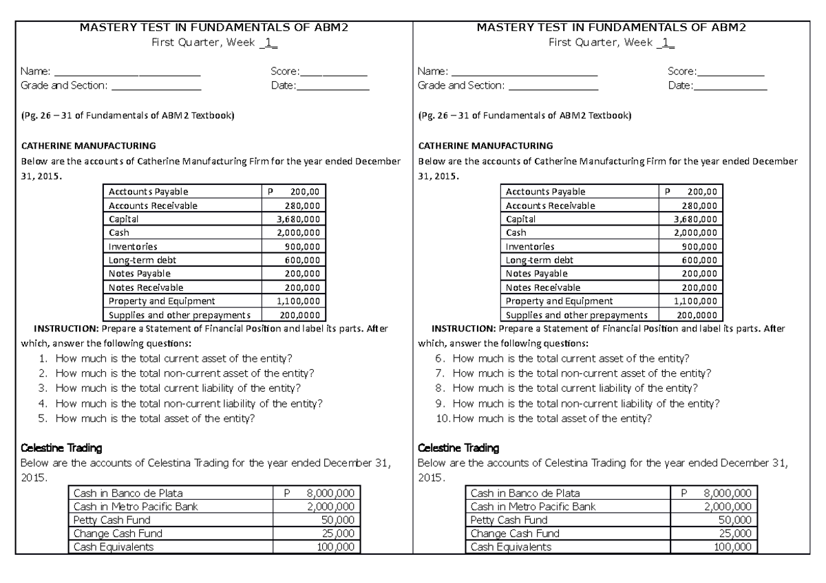 Mastery test in FABM2 week1 upload MASTERY TEST IN FUNDAMENTALS OF