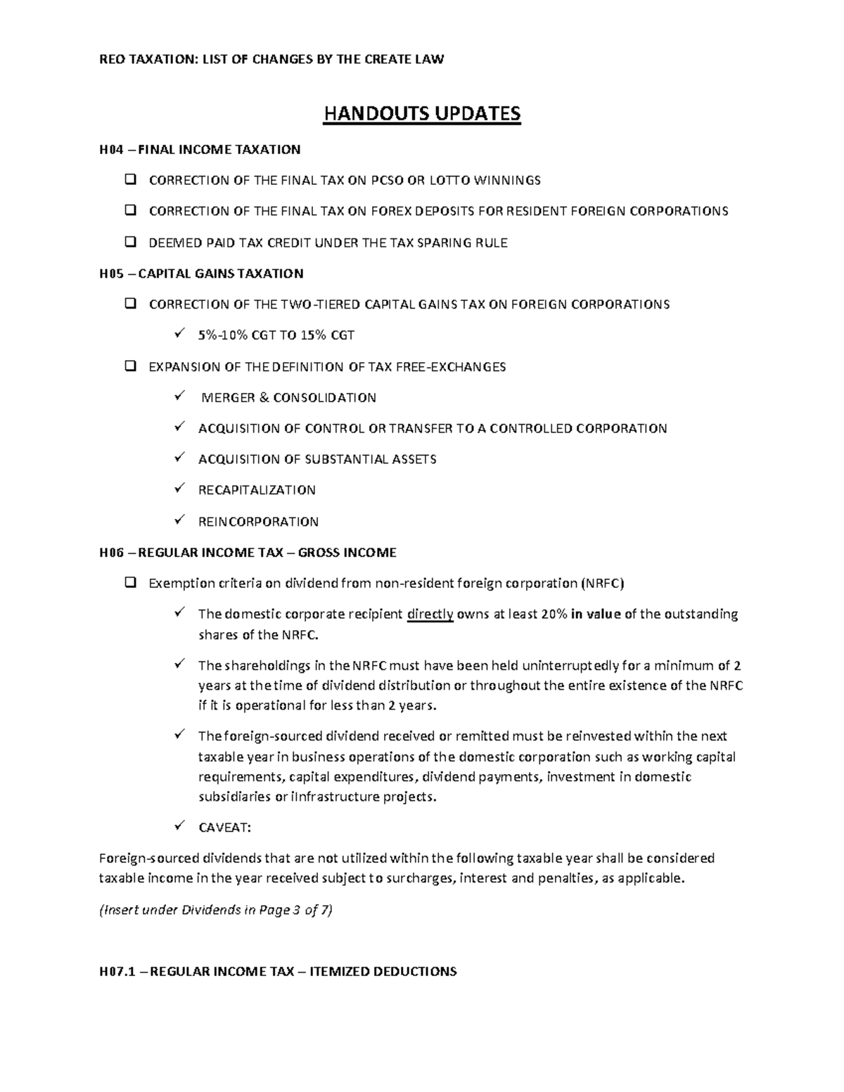 Create LAW Handouts Updates - REO TAXATION: LIST OF CHANGES BY THE ...
