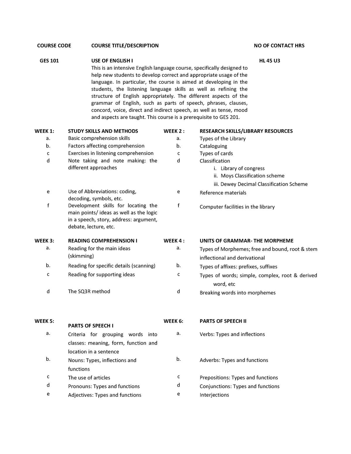 Ges101 - Course Code Course Title Description No Of Contact Hrs Ges 101 