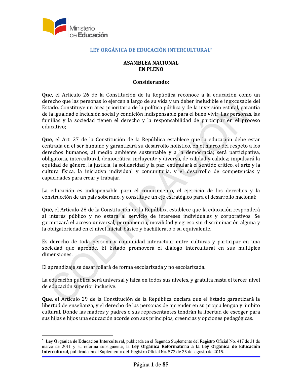 Ley Organica De Educacion Intercultural Loei Ley OrgÁnica De EducaciÓn Intercultural Asamblea 2912