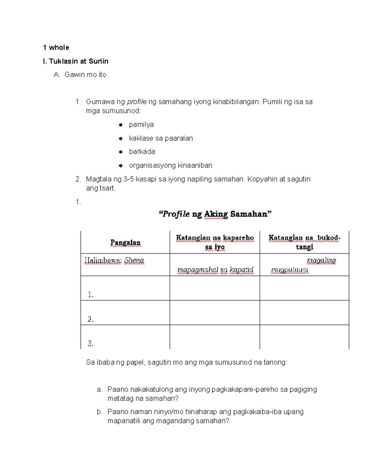 Assignment.performance task - 1 whole I. Tuklasin at Suriin A. Gawin mo ...