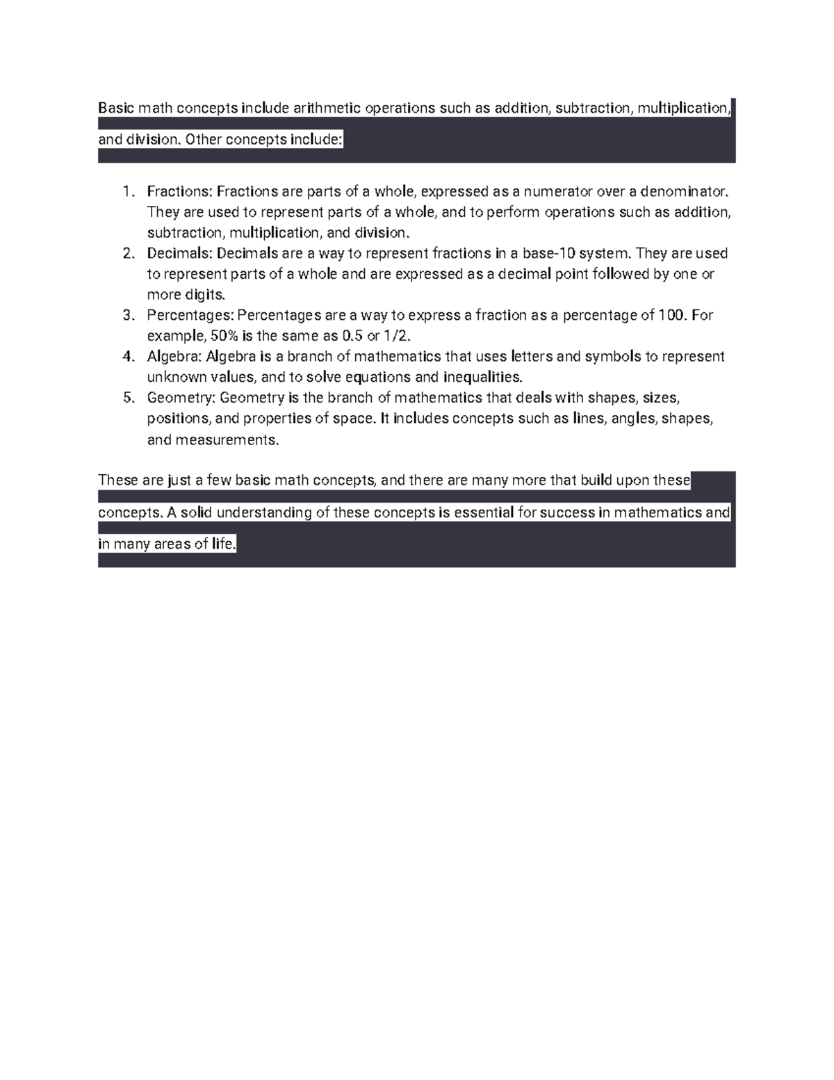 Basic math concept - notes - Basic math concepts include arithmetic ...