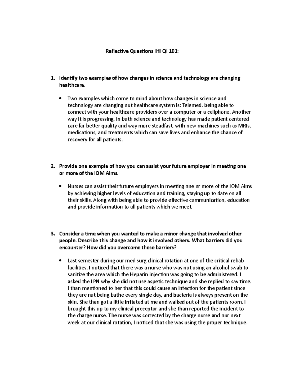 Reflective Q's 1 - IHI 101 - Reflective Questions IHI QI 101: Identify ...