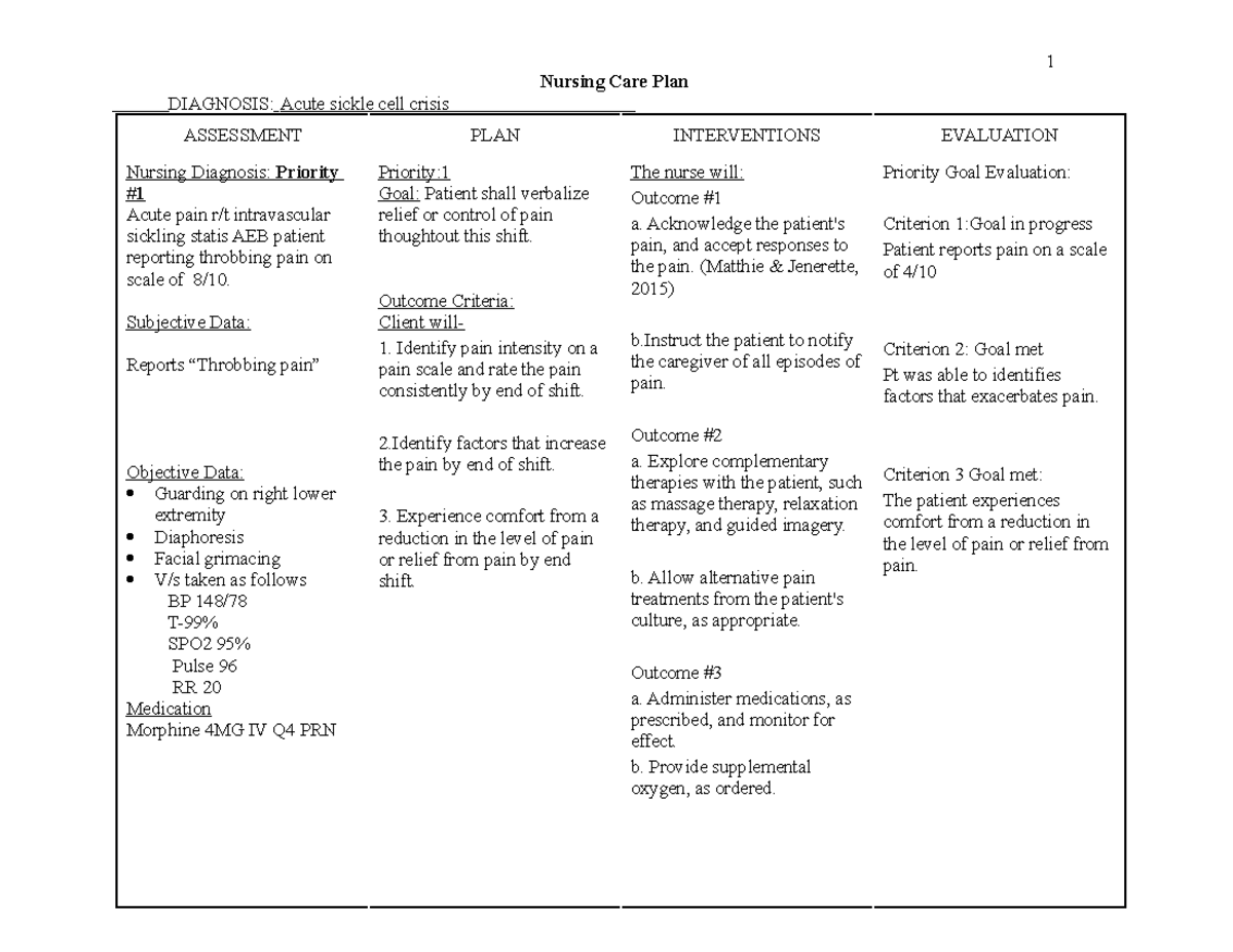 Nursing Care Plan For Sickle Cell Disease In Children