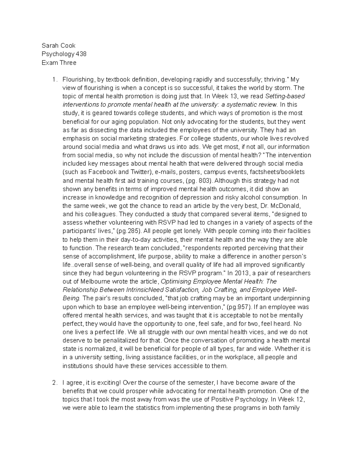 Exam Three Psych 438 Sarah Cook Psychology 438 Exam Three Flourishing