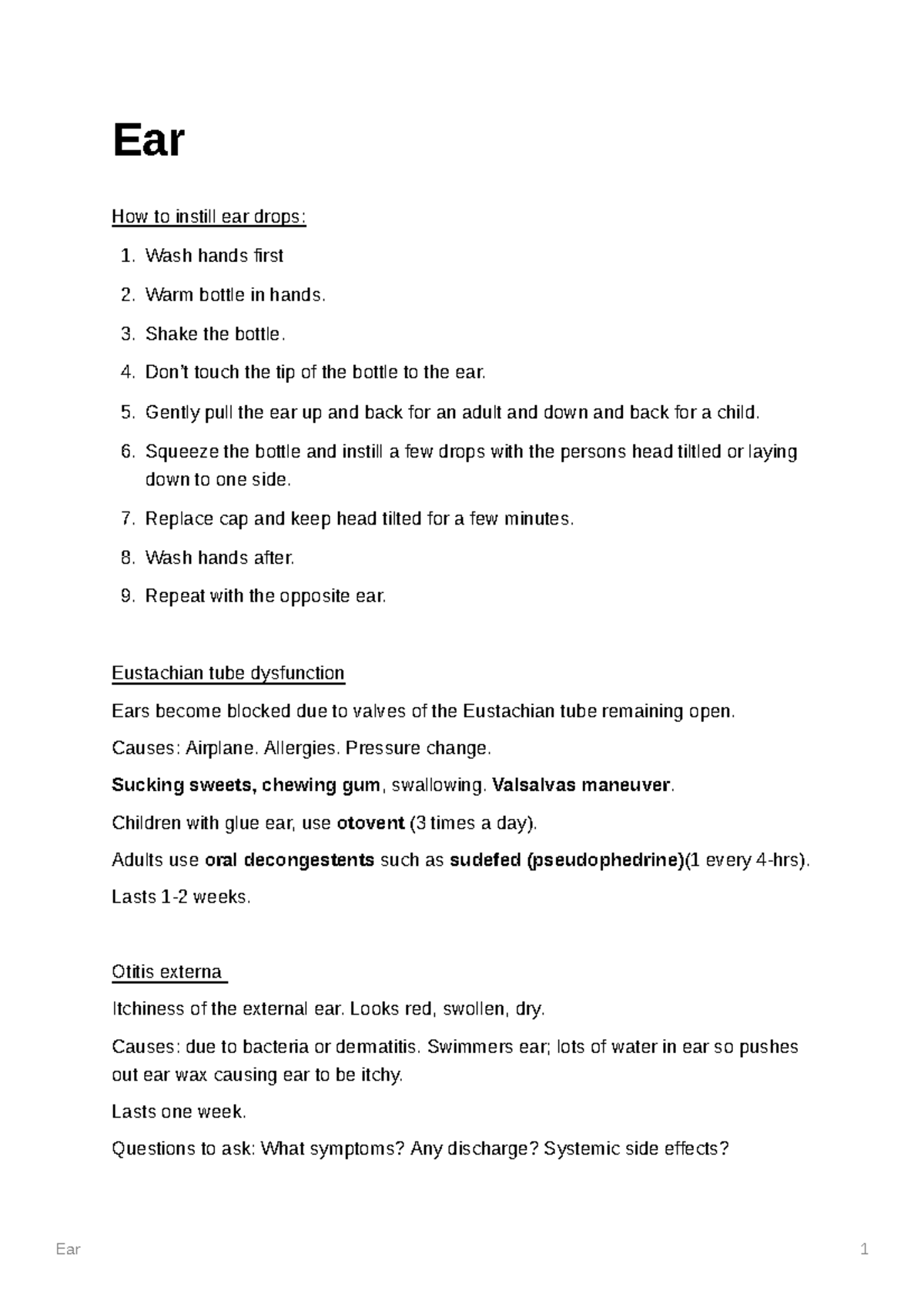 Ear Lecture notes Ear 1 Ear How to instill ear drops 1. Wash hands