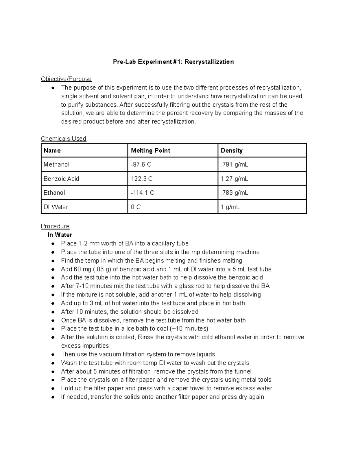 Pre Lab 1 PreLab Procedure PreLab Experiment 1